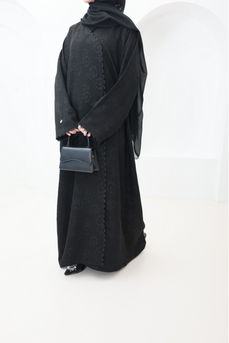 Dubai Abaya Kimono in Black Brocade Fabric with Rhinestones Eid Outfit