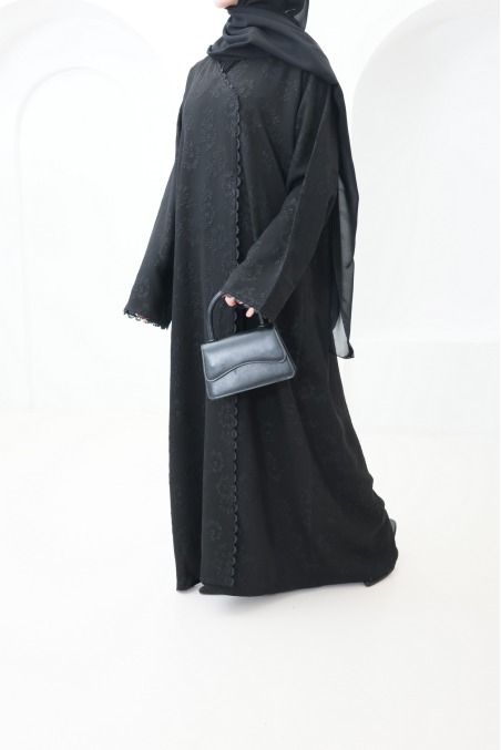 Abaya Dubaï kimono tissu brocart noir avec des strass tenue Aïd