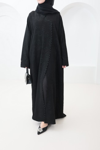 Dubai Abaya Kimono aus schwarzem Brokatstoff mit Strasssteinen für Eid