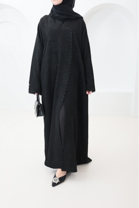 Dubai Abaya Kimono aus schwarzem Brokatstoff mit Strasssteinen für Eid