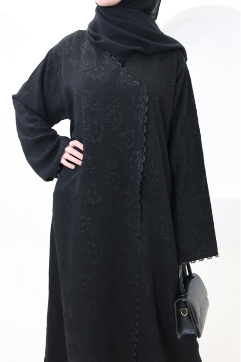 Abaya Dubaï kimono tissu brocart noir avec des strass tenue Aïd