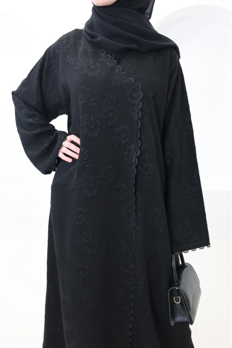 Abaya Dubaï kimono tissu brocart noir avec des strass tenue Aïd