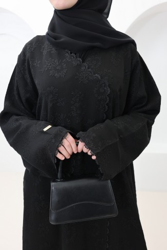 Dubai Abaya Kimono in Black Brocade Fabric with Rhinestones Eid Outfit 2