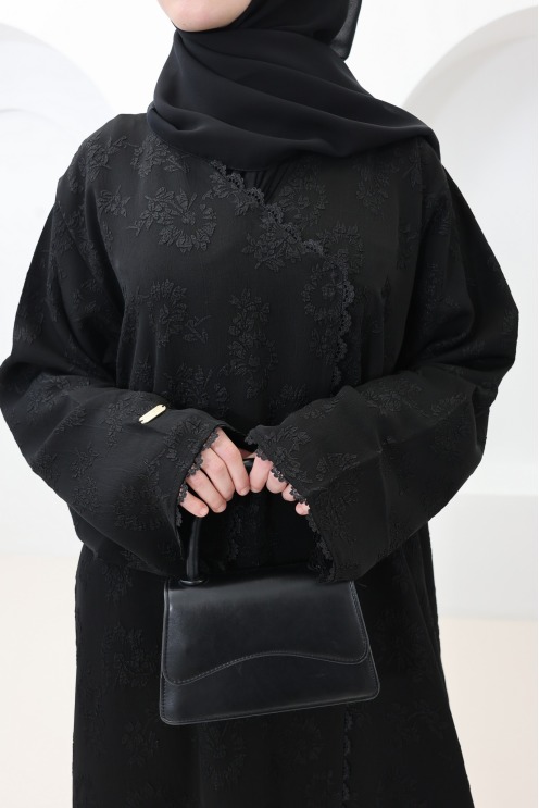 Abaya Dubaï kimono tissu brocart noir avec des strass tenue Aïd