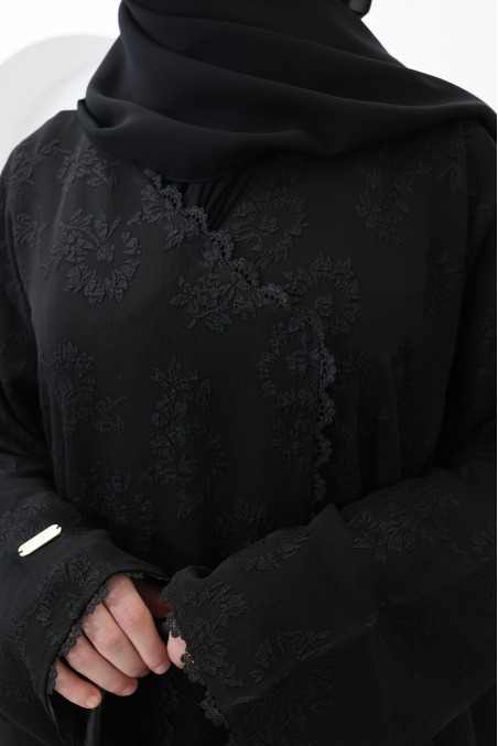 Dubai Abaya Kimono aus schwarzem Brokatstoff mit Strasssteinen für Eid