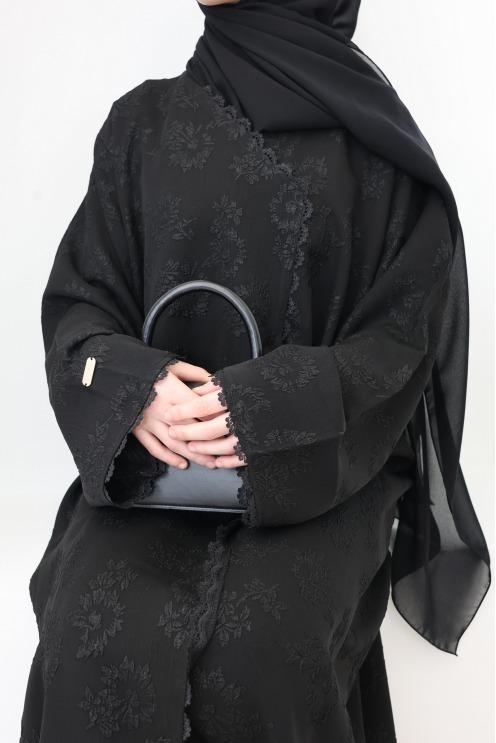 Dubai Abaya Kimono in Black Brocade Fabric with Rhinestones Eid Outfit