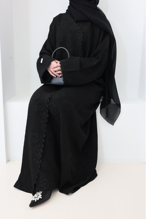 Dubai Abaya Kimono in Black Brocade Fabric with Rhinestones Eid Outfit