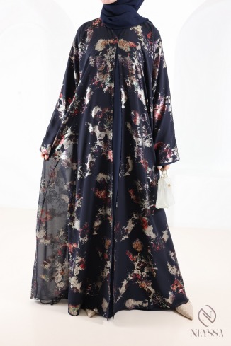 Abaya Dubaï kimono bleu en mousseline à motifs hijabi tendance