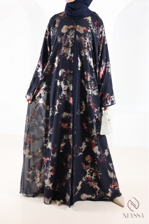 Dubai abaya kimono in blue chiffon with trendy hijabi patterns