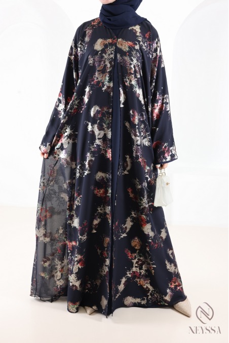 Dubai abaya kimono in blue chiffon with trendy hijabi patterns