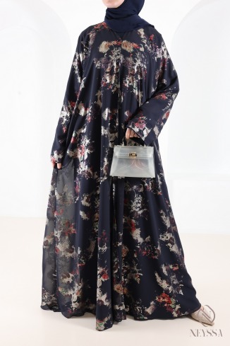 Abaya Dubaï kimono bleu en mousseline à motifs hijabi tendance