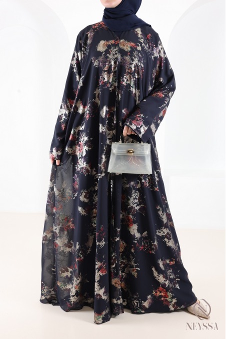 Dubai abaya kimono in blue chiffon with trendy hijabi patterns