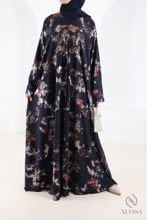 Dubai abaya kimono in blue chiffon with trendy hijabi patterns