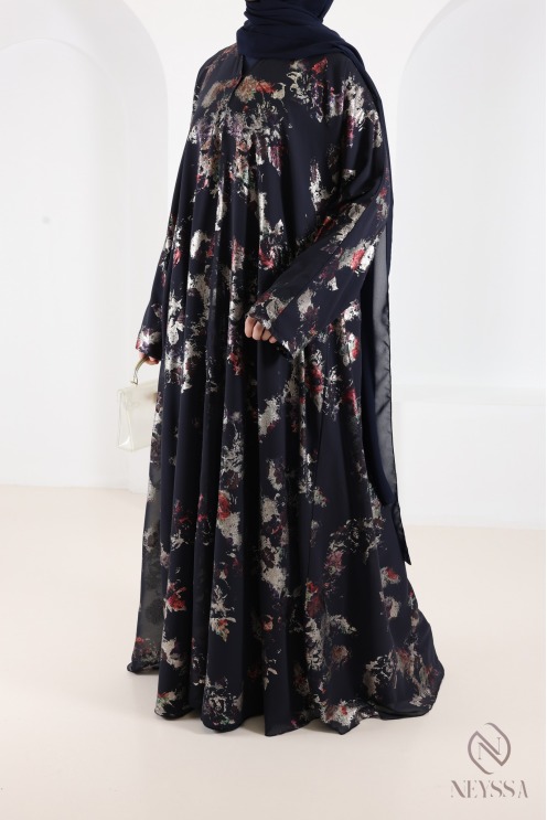 Dubai abaya kimono in blue chiffon with trendy hijabi patterns