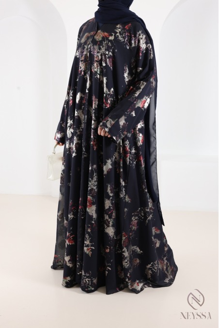 Abaya Dubaï kimono bleu en mousseline à motifs hijabi tendance