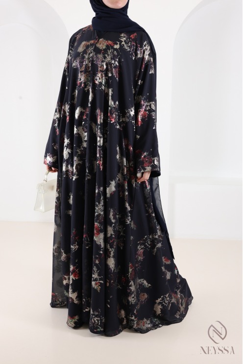 Dubai abaya kimono in blue chiffon with trendy hijabi patterns