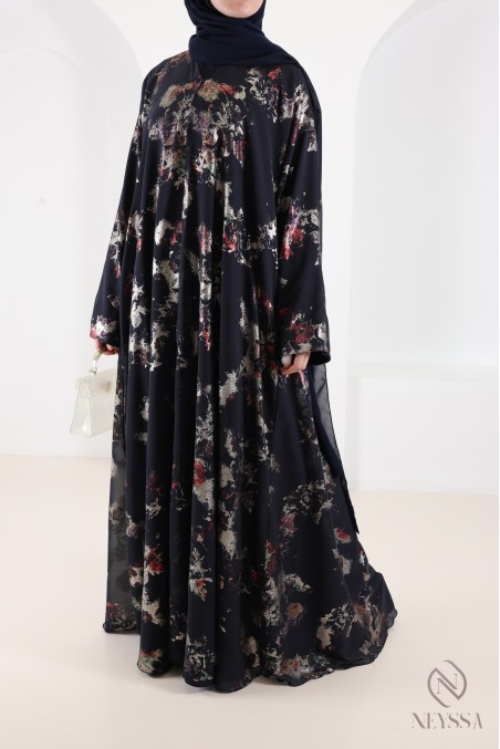 Dubai abaya kimono in blue chiffon with trendy hijabi patterns