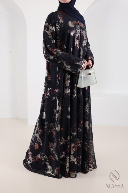 Dubai abaya kimono in blue chiffon with trendy hijabi patterns