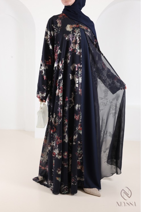 Abaya Dubaï kimono bleu en mousseline à motifs hijabi tendance
