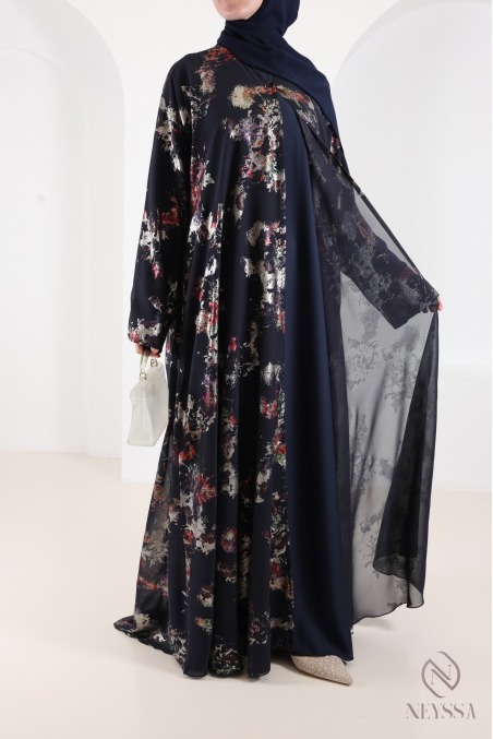 Abaya Dubaï kimono bleu en mousseline à motifs hijabi tendance