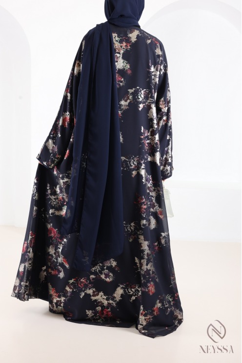 Abaya Dubaï kimono bleu en mousseline à motifs hijabi tendance
