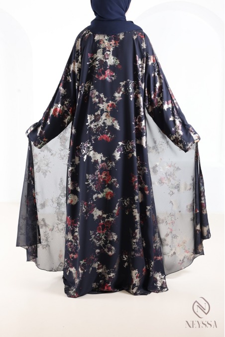 Dubai abaya kimono in blue chiffon with trendy hijabi patterns