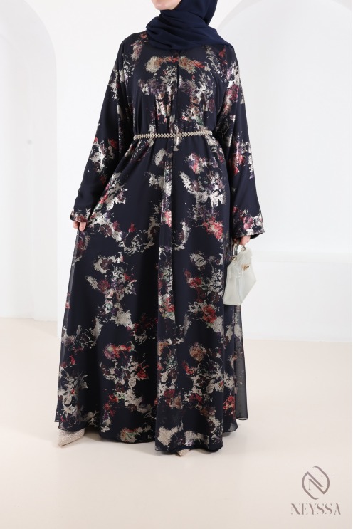 Dubai abaya kimono in blue chiffon with trendy hijabi patterns