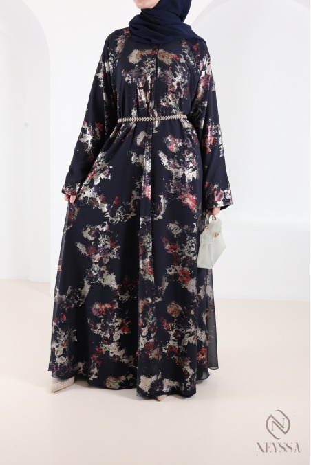 Dubai abaya kimono in blue chiffon with trendy hijabi patterns