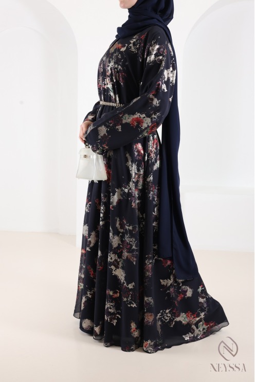 Dubai abaya kimono in blue chiffon with trendy hijabi patterns