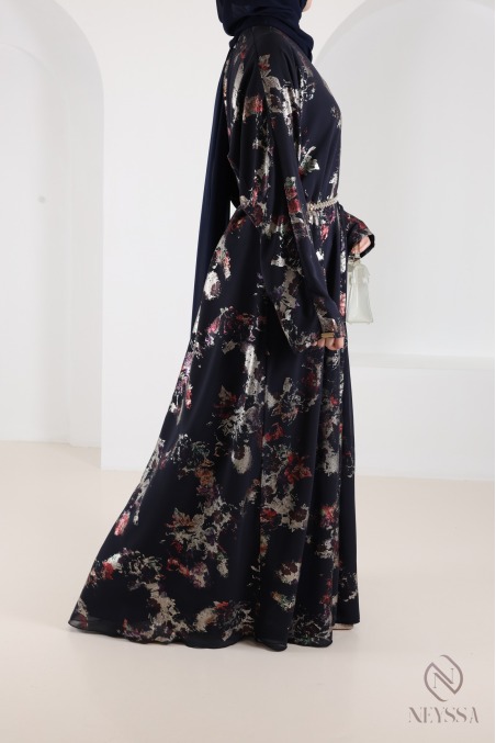 Dubai abaya kimono in blue chiffon with trendy hijabi patterns