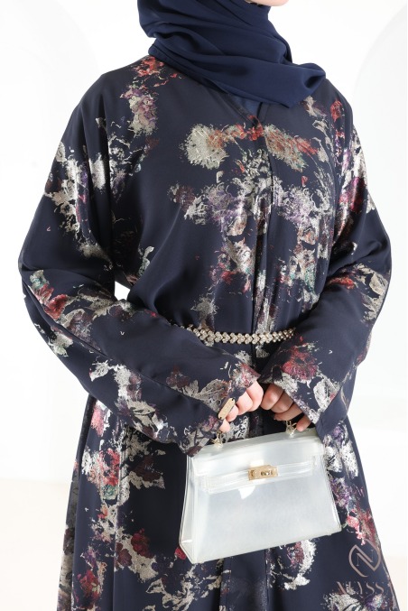 Abaya Dubaï kimono bleu en mousseline à motifs hijabi tendance