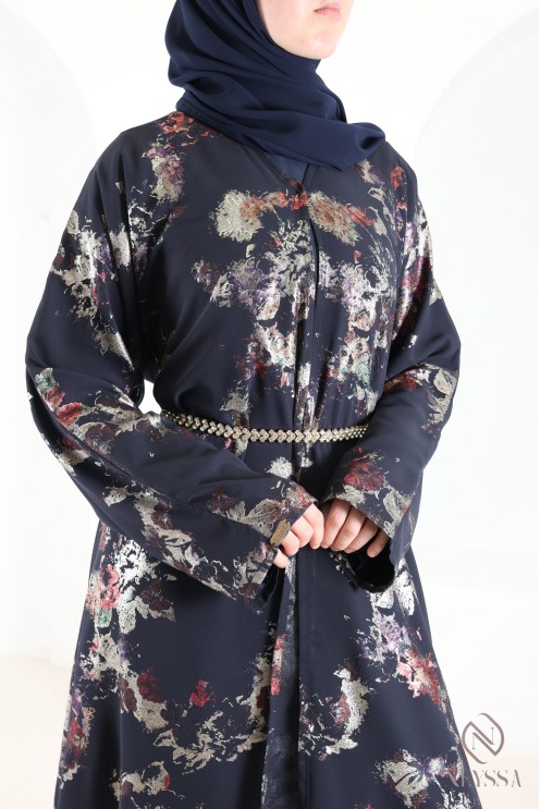 Abaya Dubaï kimono bleu en mousseline à motifs hijabi tendance