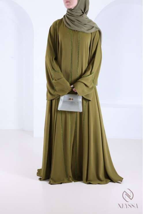 Flared Dubai abaya in green with trendy embroidered pearls