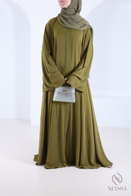 Flared Dubai abaya in green with trendy embroidered pearls
