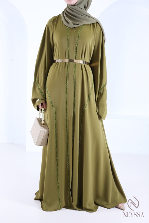 Flared Dubai abaya in green with trendy embroidered pearls