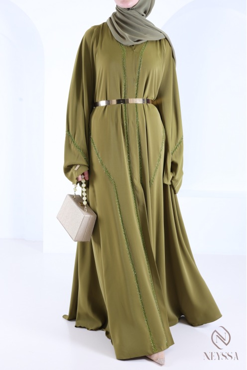 Abaya Dubaï évasée vert à perles brodées tendance