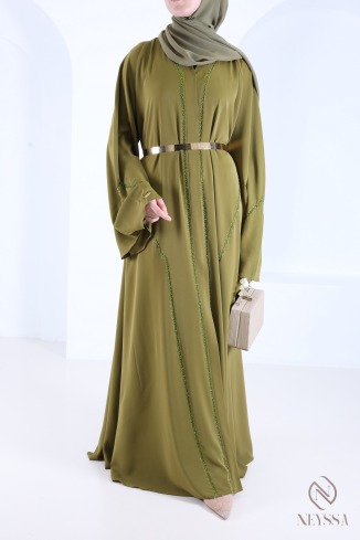 Abaya Dubaï évasée vert à perles brodées tendance
