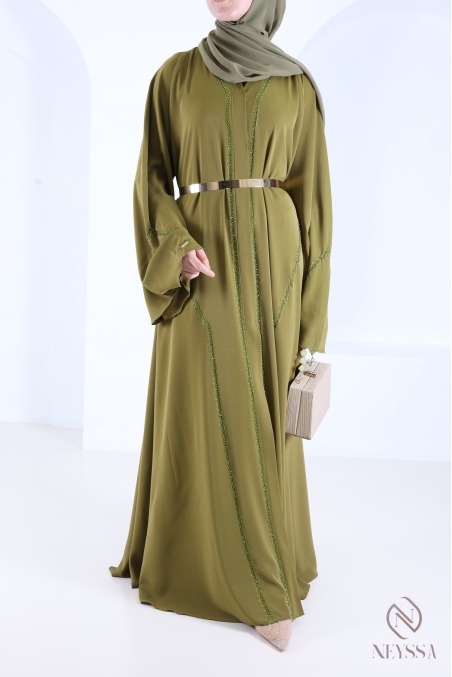 Flared Dubai abaya in green with trendy embroidered pearls