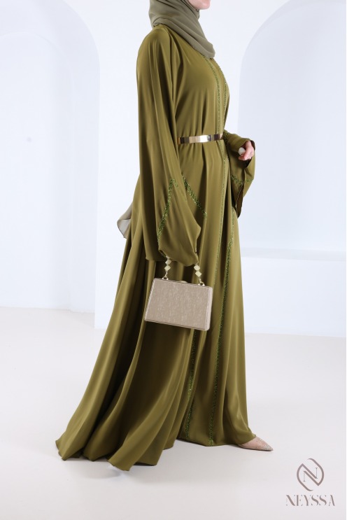 Flared Dubai abaya in green with trendy embroidered pearls