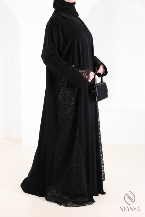 Schwarze Dubai-Abaya mit Spitze, elegant für das Eid-Fest