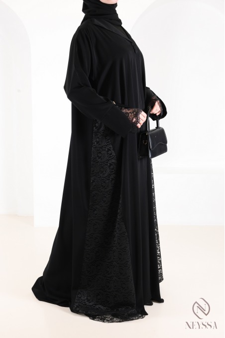 Black Dubai abaya with lace, elegant and modest for Eid