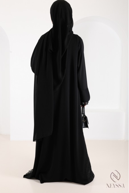 Abaya Dubaï noir avec dentelle, élégante et modeste pour l'Aïd
