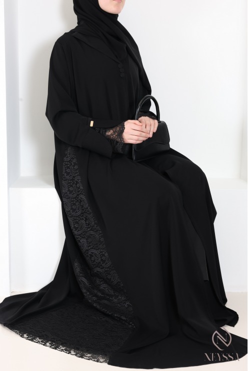 Abaya Dubaï noir avec dentelle, élégante et modeste pour l'Aïd