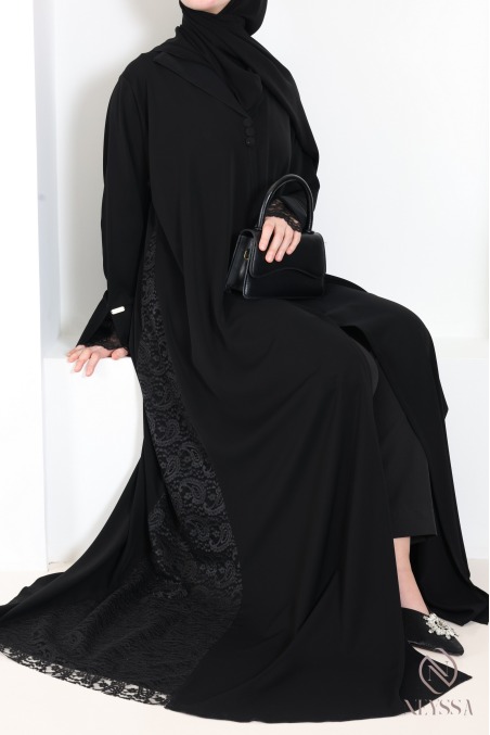 Black Dubai abaya with lace, elegant and modest for Eid