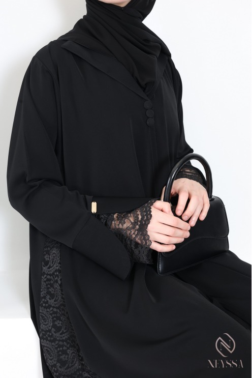 Schwarze Dubai-Abaya mit Spitze, elegant für das Eid-Fest