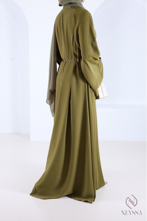 Flared Dubai abaya in green with trendy embroidered pearls