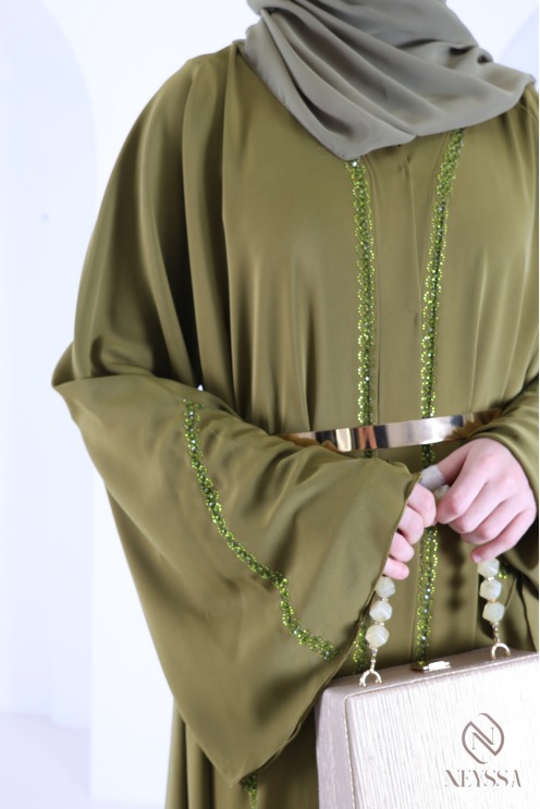 Flared Dubai abaya in green with trendy embroidered pearls