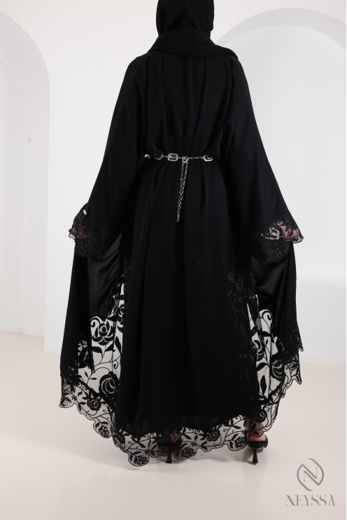 Abaya Dubaï kimono de luxe avec broderie tendance chic noir femme