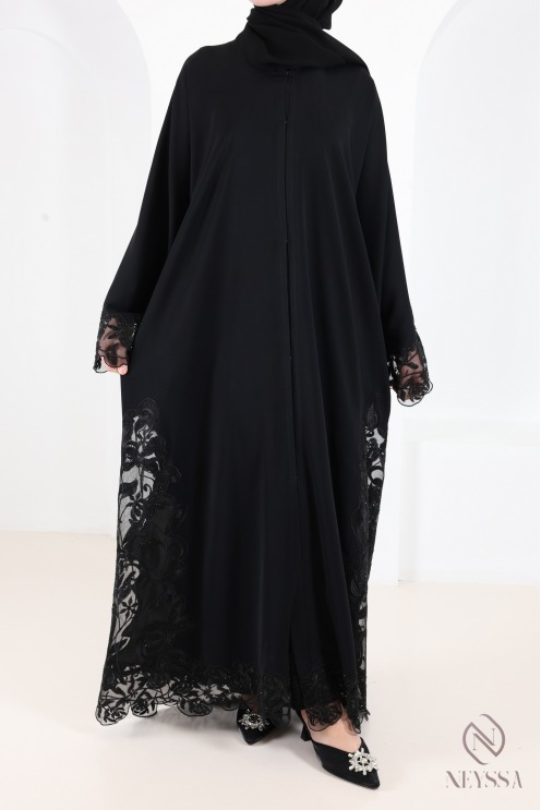 Luxury Dubai kimono abaya with chic black embroidery for women