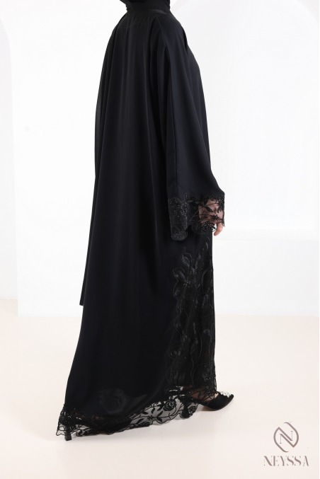 Abaya Dubaï kimono de luxe avec broderie tendance chic noir femme